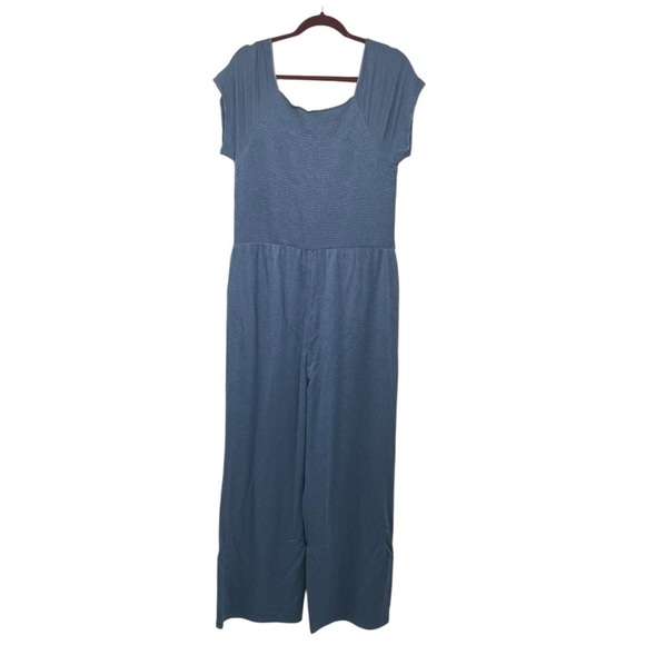Soft Surroundings Sylvie Smocked Blue Jersey Knit Wide Leg Jumpsuit Womens Large - Picture 5 of 7